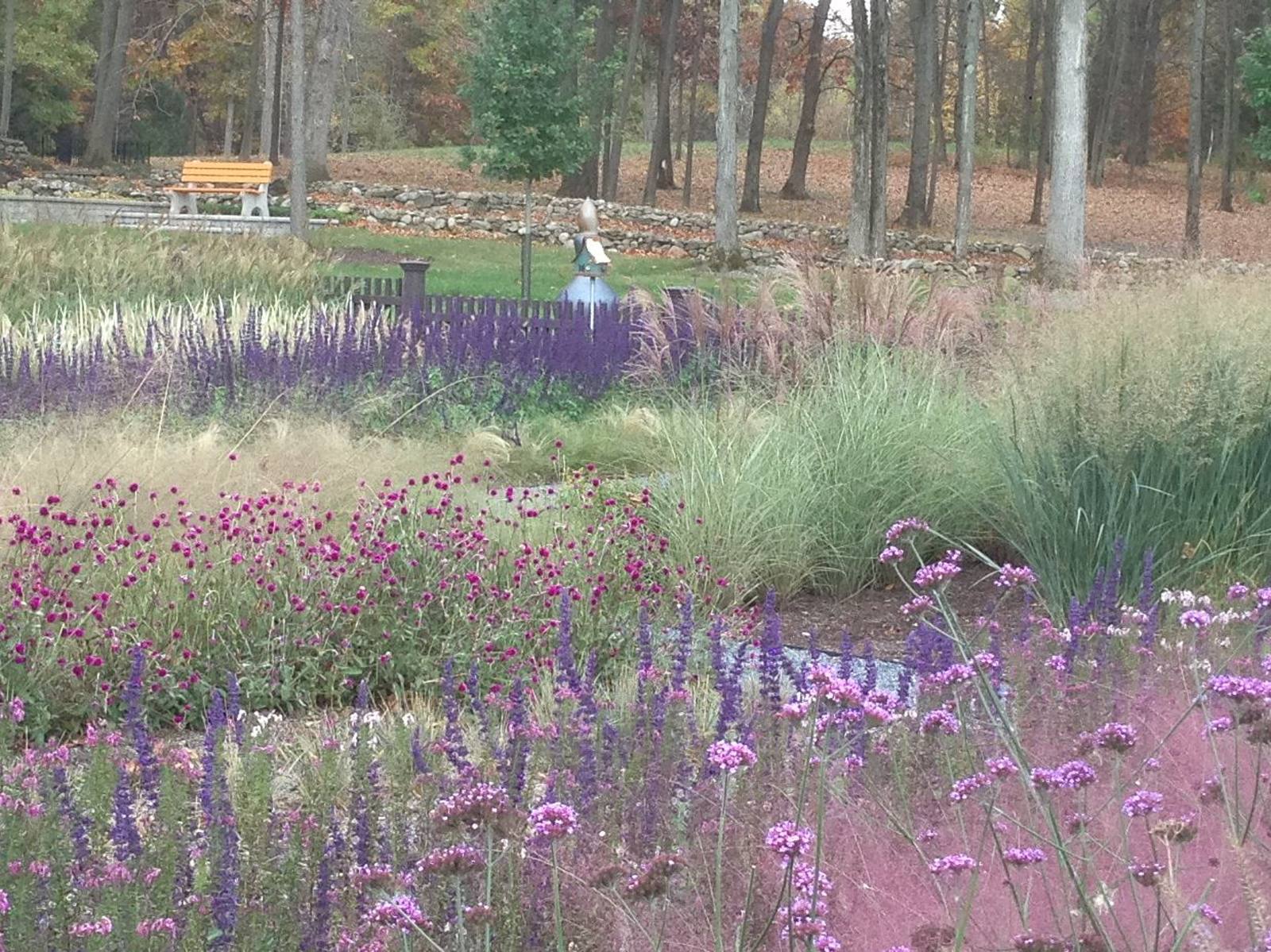 Salvia, gomphrena and grasses with a birdhouse and bench beyond