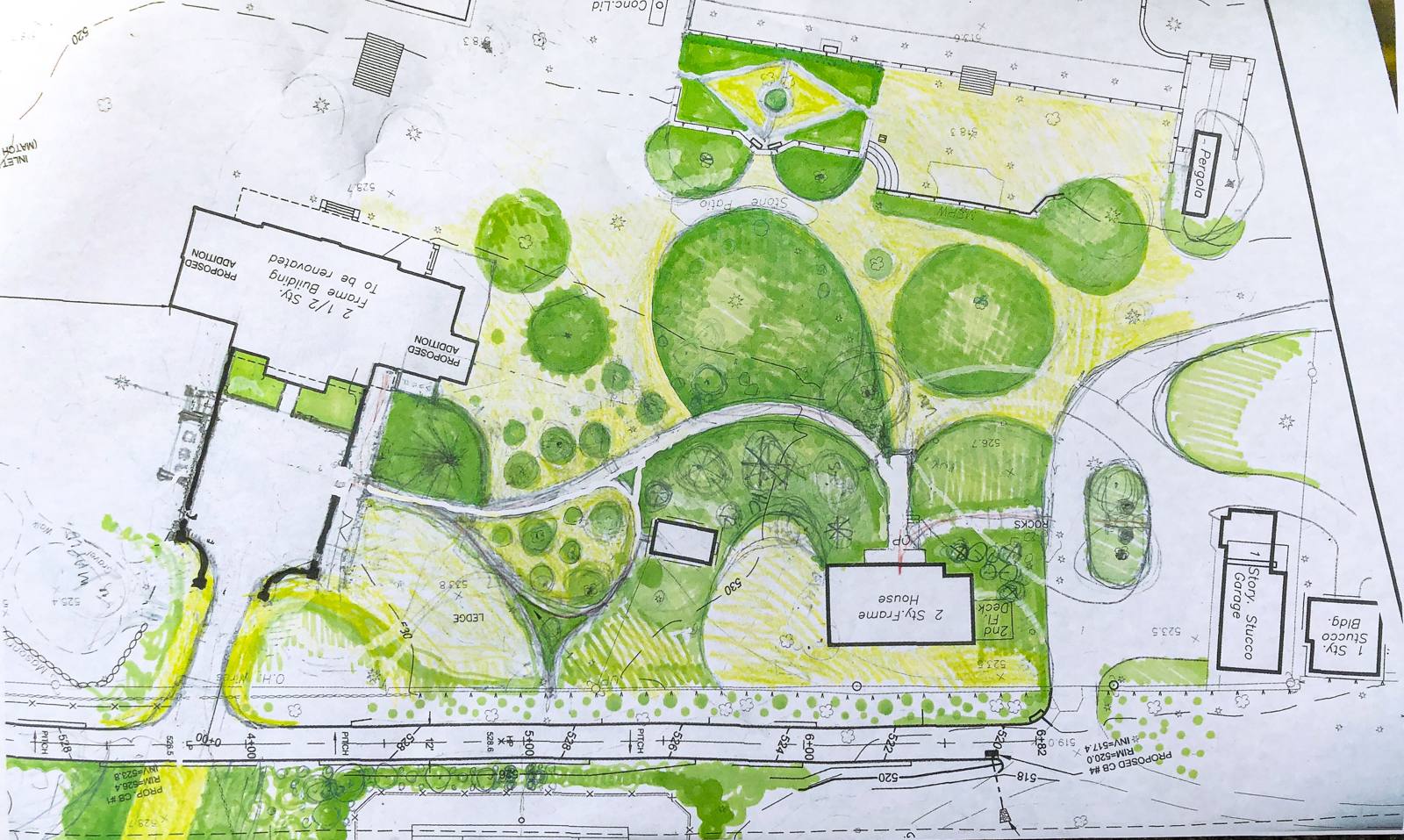 Colored garden plan drawing showing paths, lawn and planting areas