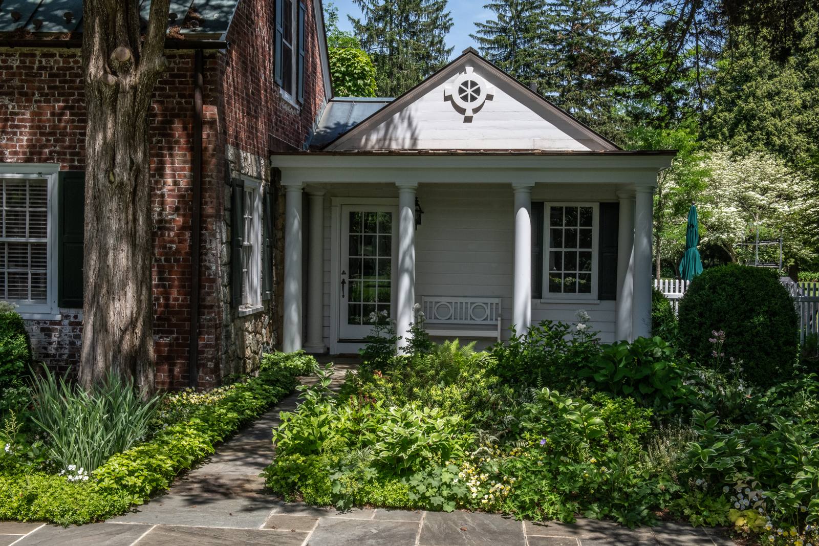 Shade garden of hostas and ferns at the porch