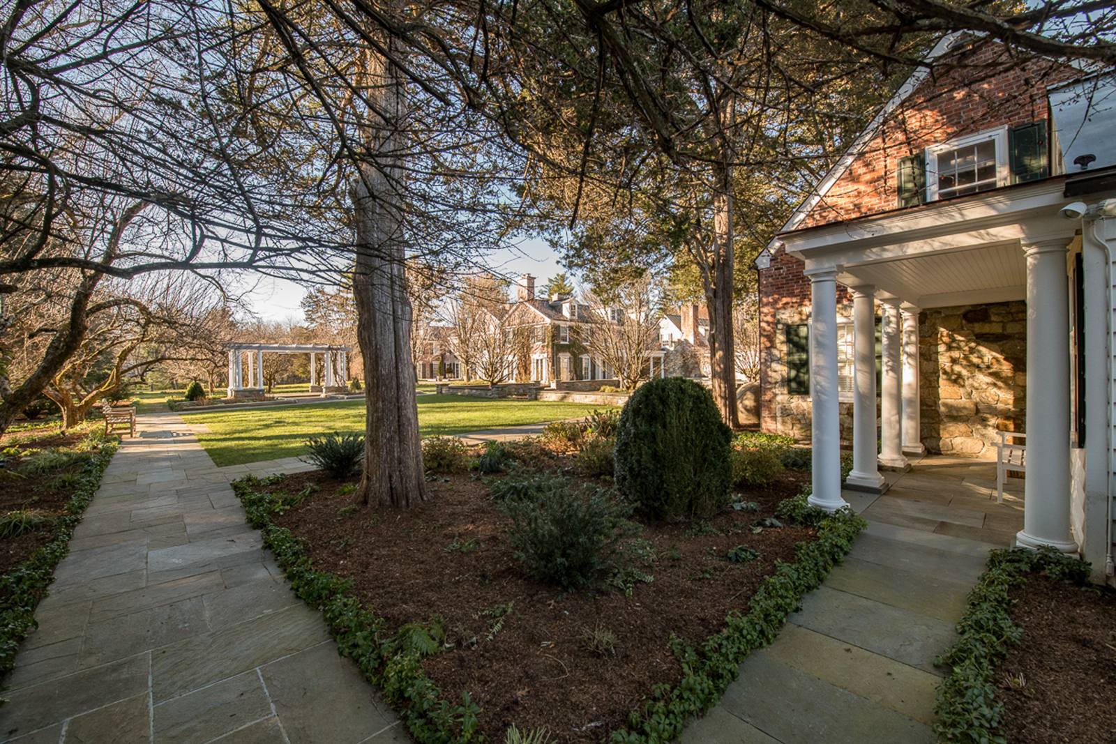 Porch and lawn in winter light